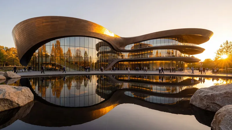 Curved bronze building mirrored in still water at sunset