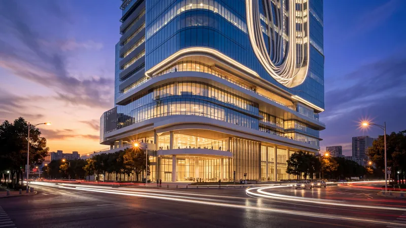 Glass tower with a ring of light at dusk