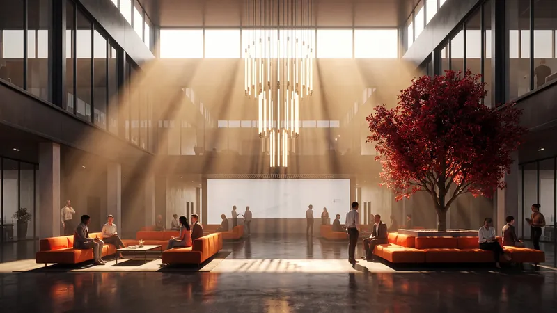 Atrium with sun rays, a chandelier and lounge sofas