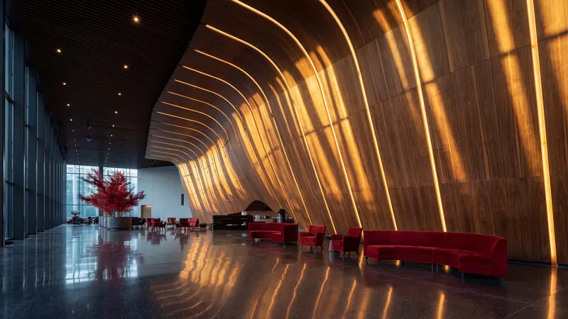 Lobby with sweeping timber walls and red lounge sofas