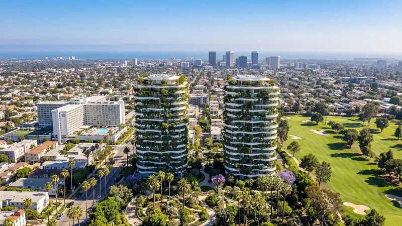 Two plant-covered residential towers beside a golf course