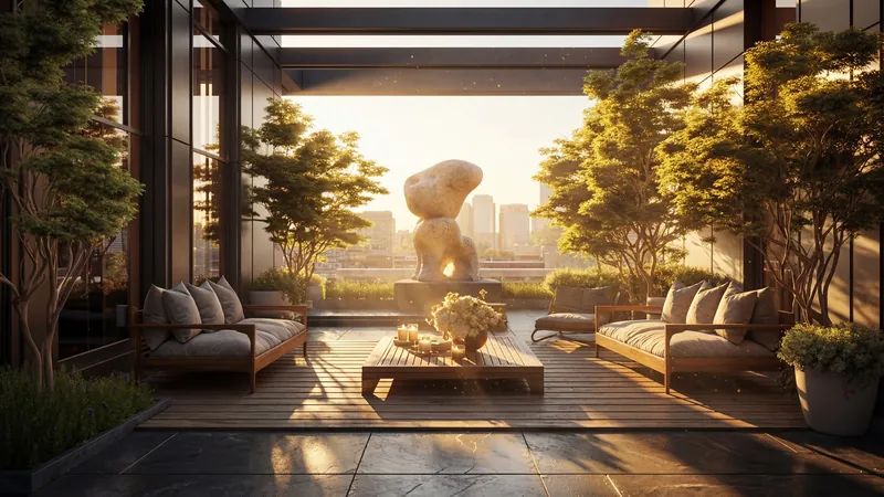 Rooftop terrace with a stone sculpture and lounge sofas at sunset