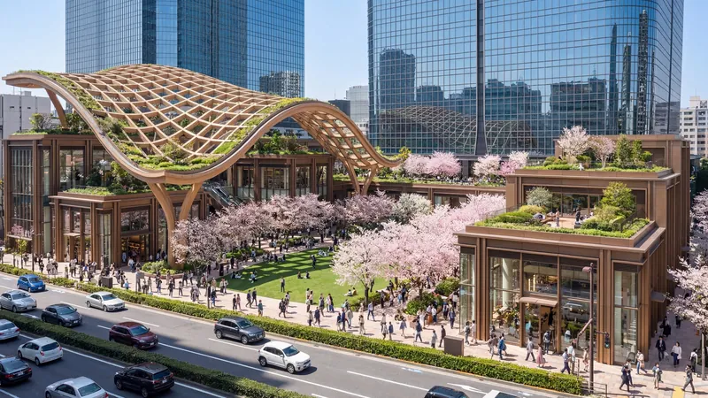 Timber pavilion with blossoming trees between glass towers