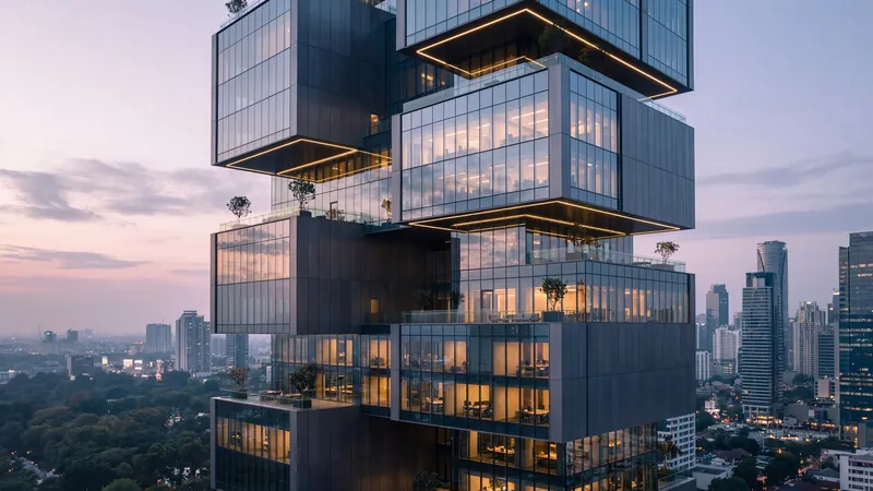 Stacked glass tower at dusk above a green city