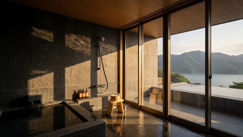 Bathroom with a picture window onto a lake