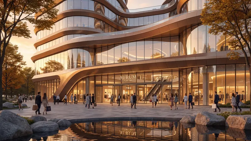 Curved bronze facade over a busy plaza at golden hour