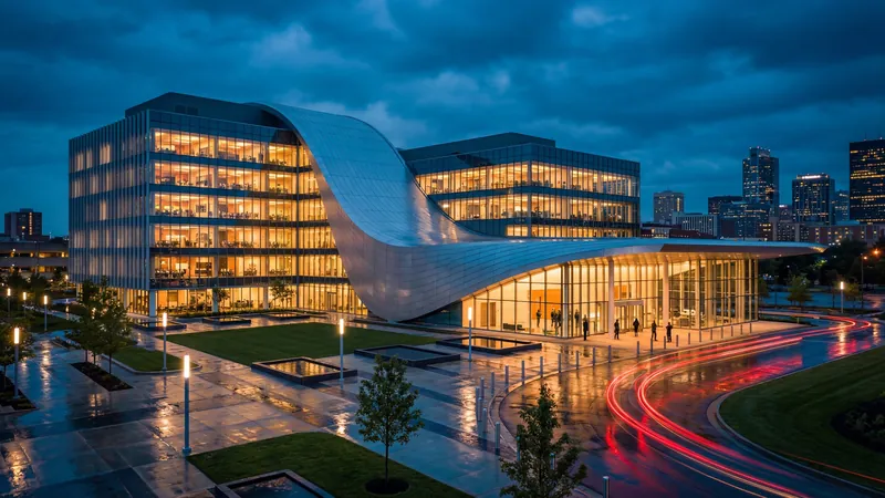 Office building with a sweeping roof at dusk