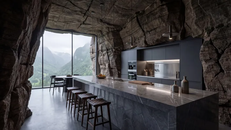 Kitchen carved into rock with a mountain view
