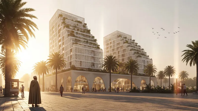 Stepped white residential towers above a plaza with palm trees