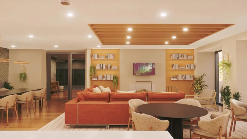 Clubroom with a red sofa and bookshelves