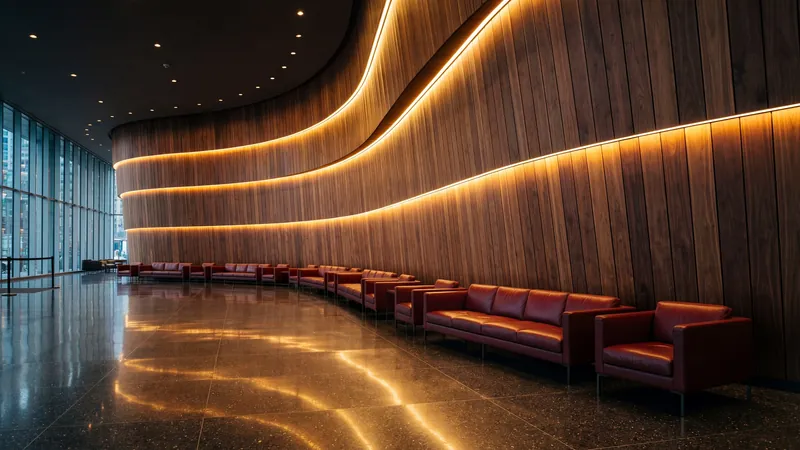 Curved timber lounge with red sofas