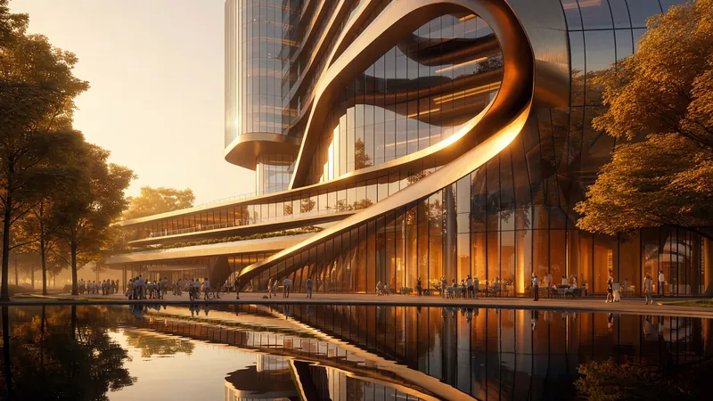 Golden facade ribbons reflected in a pool at sunset