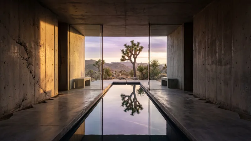 Concrete hall with a reflecting pool and a desert view