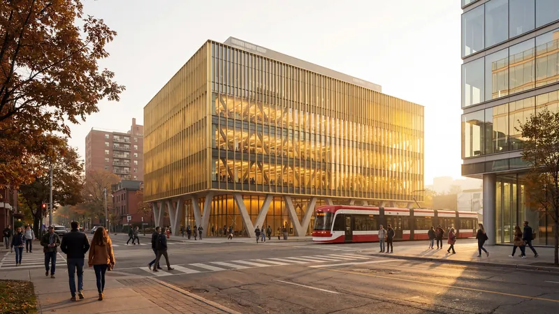 Golden office building on a street with a tram
