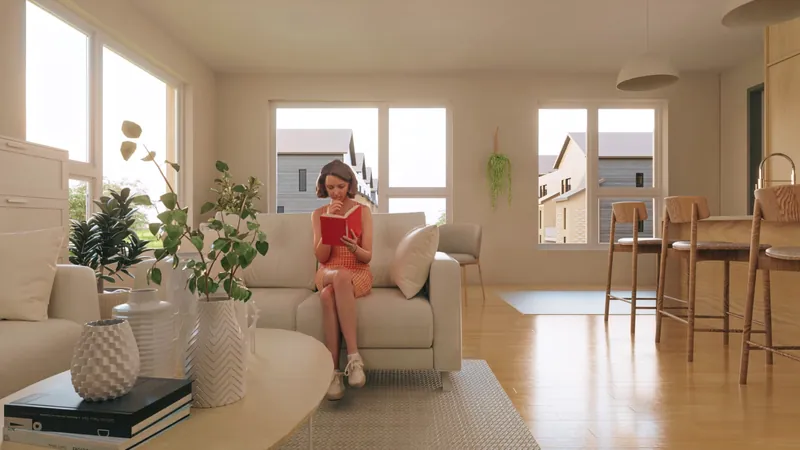 Bright apartment living room with a woman reading