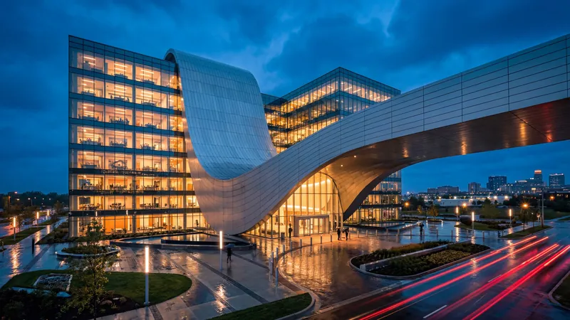 Office campus with a curved glass bridge at blue hour