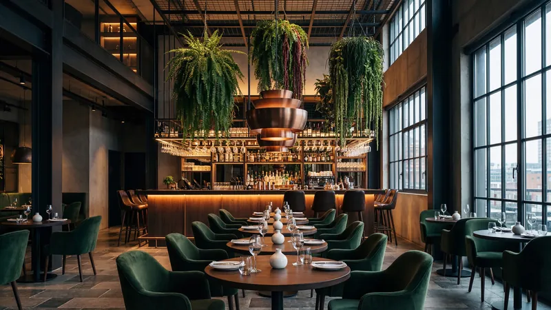 Restaurant with green velvet chairs and hanging plants