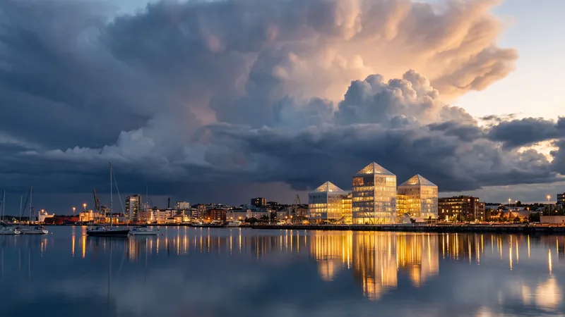 Lit waterfront buildings under a stormy evening sky