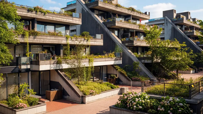 Terraced concrete housing with planted balconies and a garden walkway