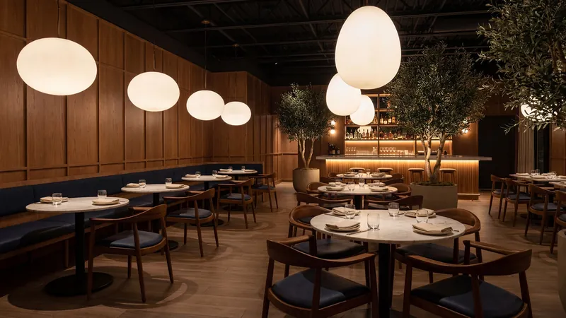 Restaurant with globe pendants and warm timber