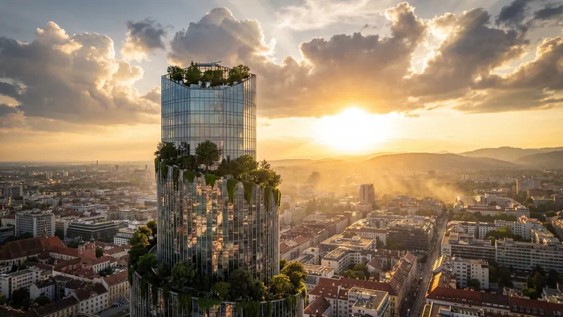Plant-covered tower above a city at sunset
