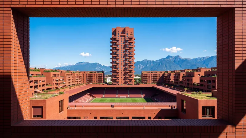 Brick residential tower and a courtyard stadium framed by a brick opening