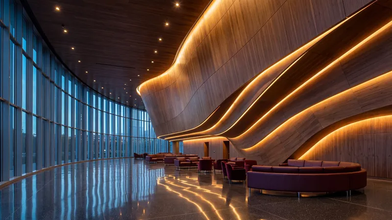 Lounge with a curved timber wall and a glass facade at blue hour