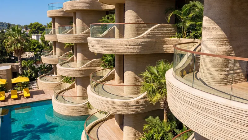 Rounded terraces with glass railings around a tropical pool