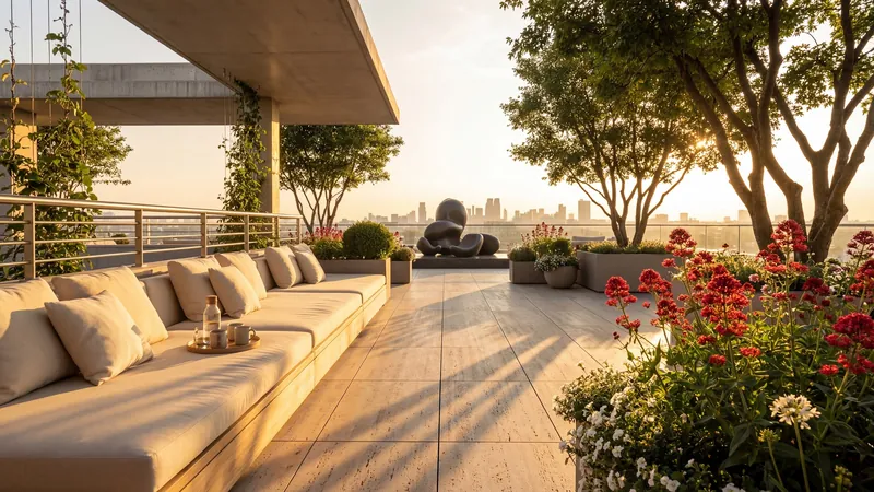 Sunlit rooftop terrace with sofas, flowers and a city view