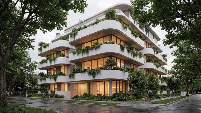 White terraced apartment building among trees