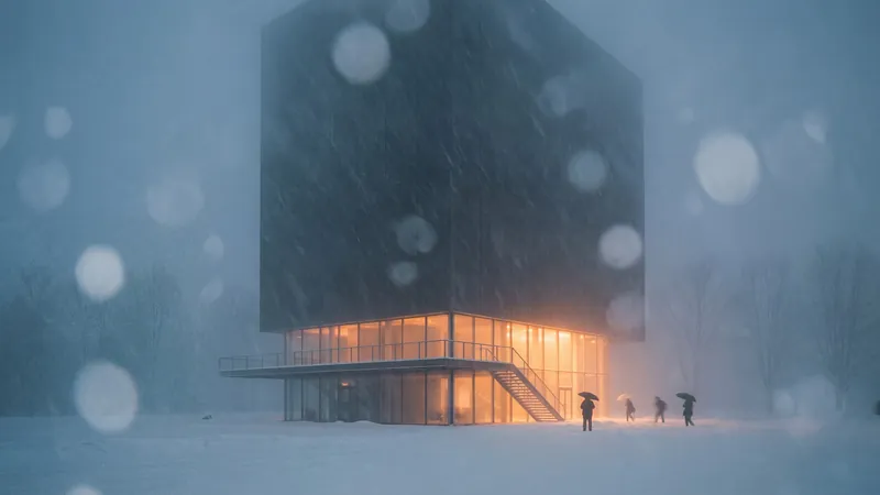 Dark cube building glowing at its base in falling snow