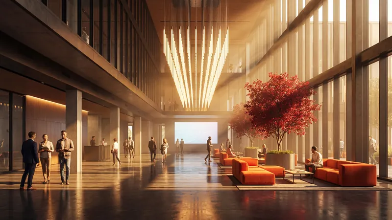 Lobby with a crystal chandelier and a red-leaved tree