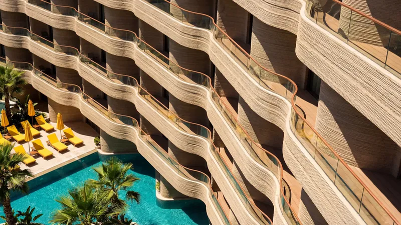 Curved stone balconies above a pool with yellow loungers