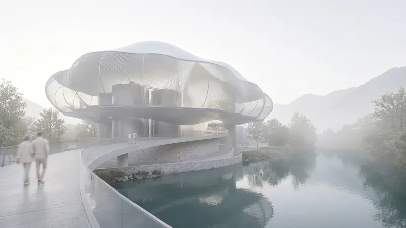 Organic white pavilion in morning fog