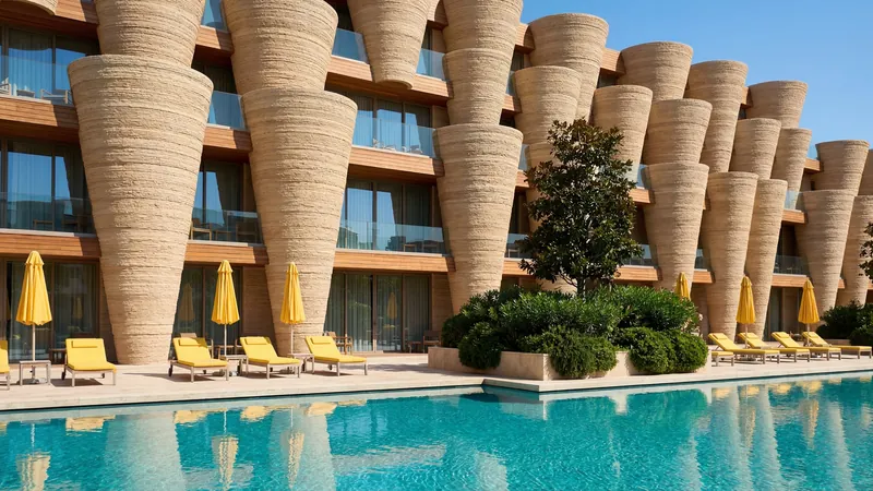 Hotel facade of stacked cones above a pool