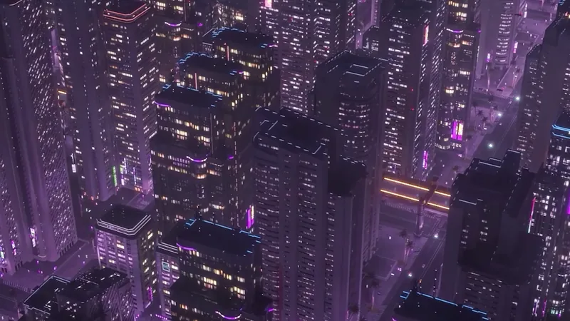 Neon city at night seen from above in violet light