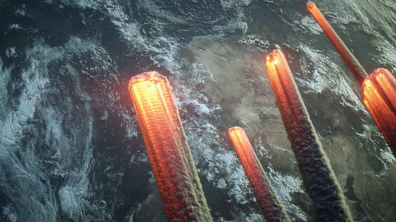 Glowing pillars rising from the Earth, seen from orbit