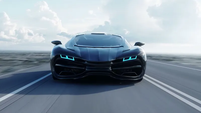 Dark concept car racing along an open road