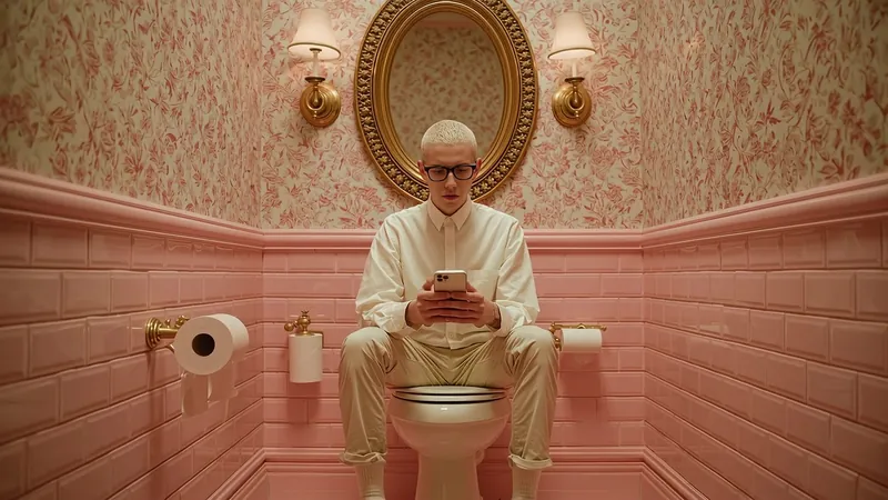 Man on a phone in a pink bathroom