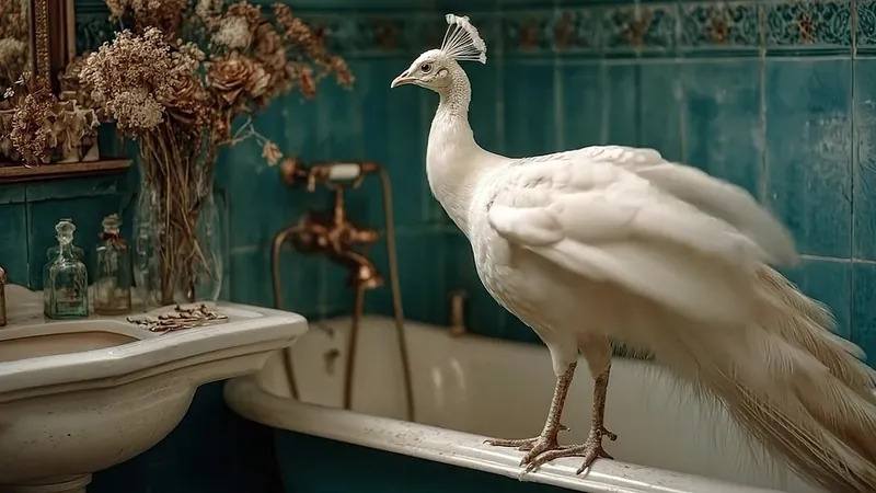 White peacock in a vintage bathroom