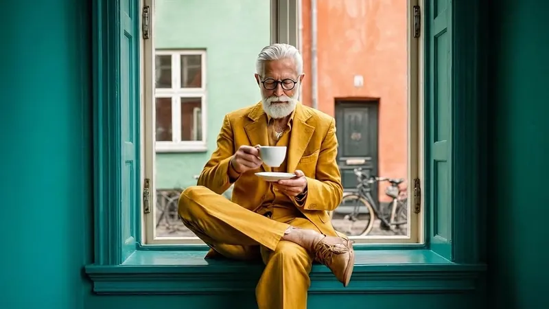 Man in a yellow suit at a window