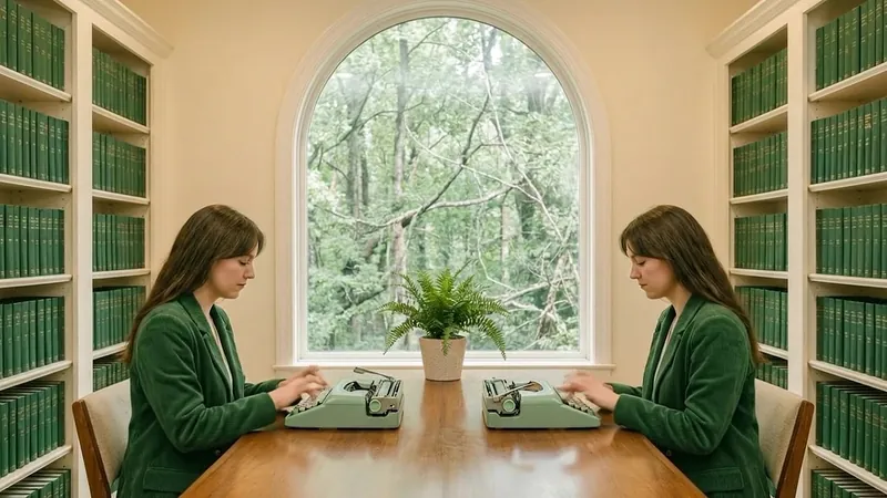 Twins facing each other in a library