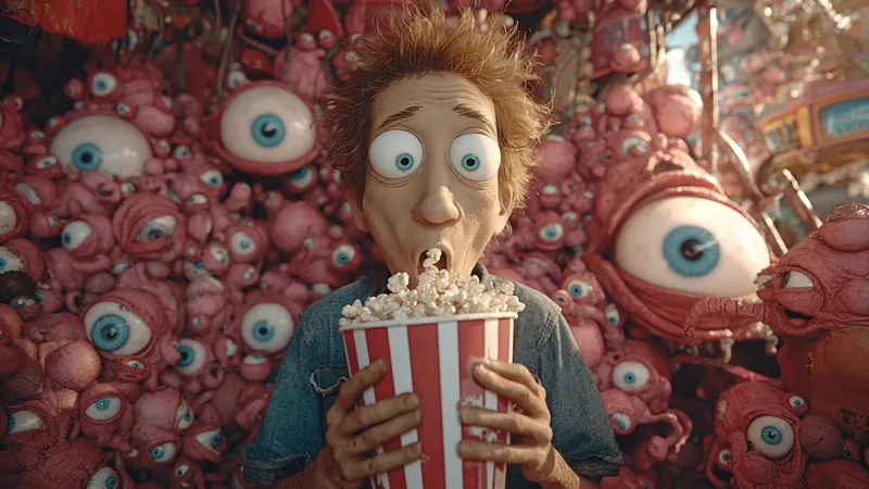 Boy with popcorn among creatures with giant eyes