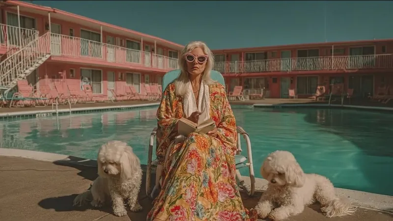 Woman in a patterned robe with two poodles by a pool
