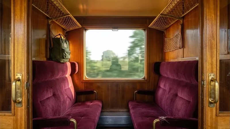 Train compartment with red velvet seats