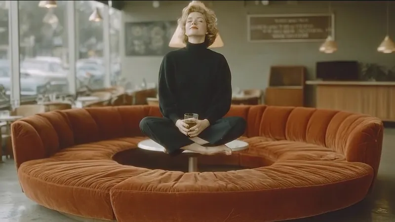 Woman meditating on a round orange sofa