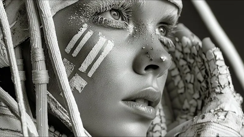 Woman with white face paint in black and white
