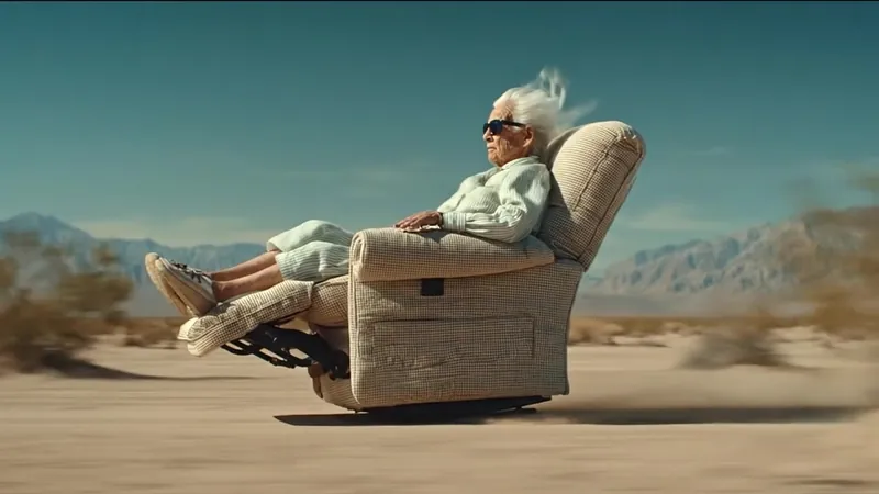 Woman in an armchair speeding through the desert