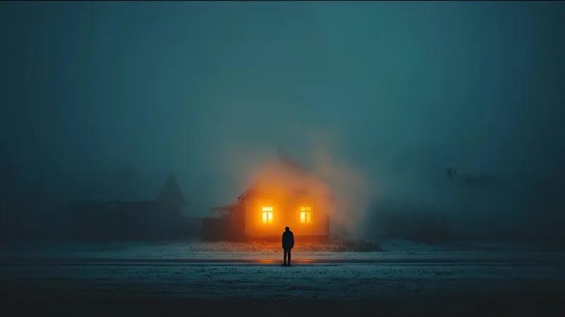 Lone house glowing in the fog