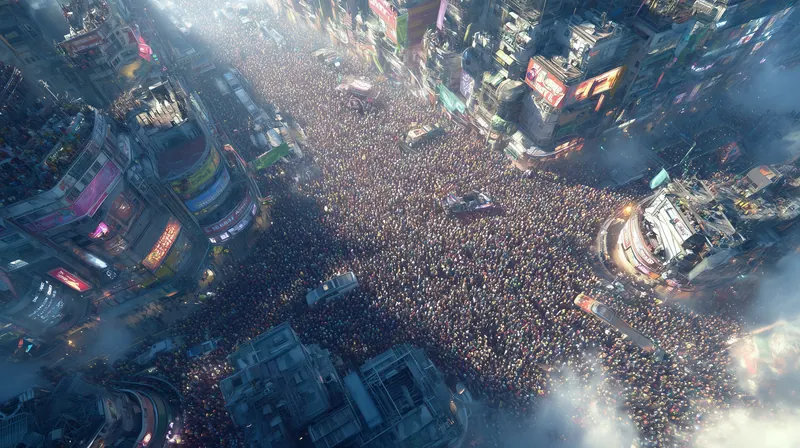 Huge crowd filling the streets between towers, seen from above